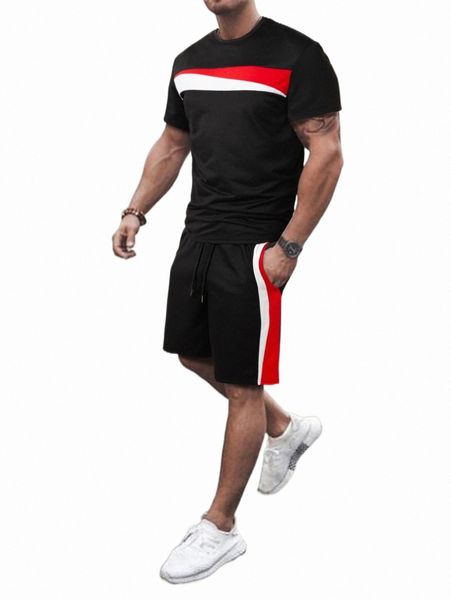 

men contrast panel tee & drawstring waist shorts h5a7#, Gray
