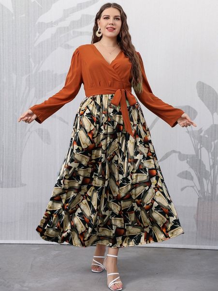 

plus graphic print puff sleeve belted dress a6li#, Black