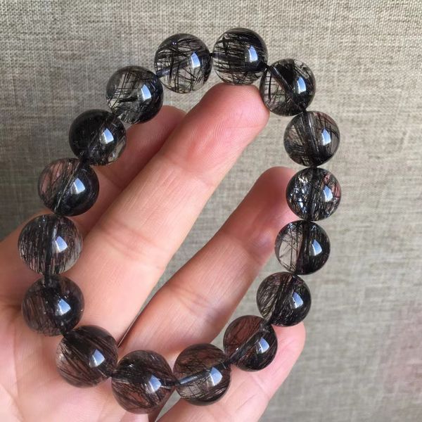 

genuine natural black rutilated quartz clear round beads bracelet 12.4mm jewelry crystal women men rare brazil aaaaaa, Silver