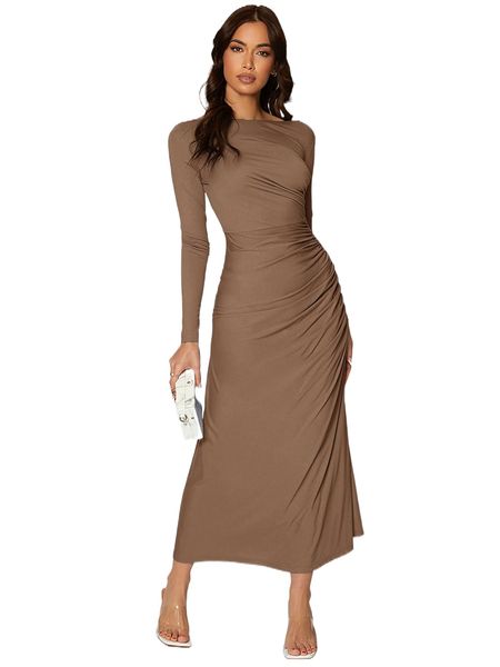 

solid ruched side dress 75m2#, Black;gray