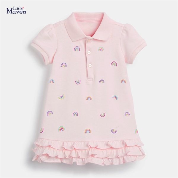 Küçük Maven Yaz Elbise Rahat Pamuk Giysileri Pembe Gökkuşağı Güzel Prenses Bebek Kız Çocuklar için 2 ila 7 Yıl 220426
