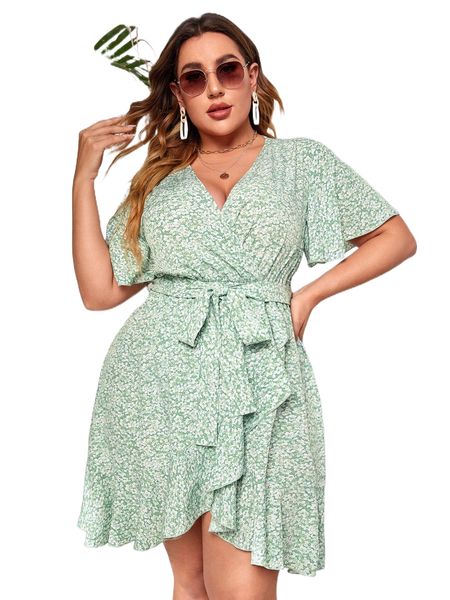 

plus ditsy floral butterfly sleeve wrap hem belted dress p5uv#, Black