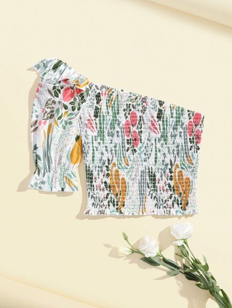 

x yuan xu floral print one shoulder shirred puff sleeve n3o4#, White