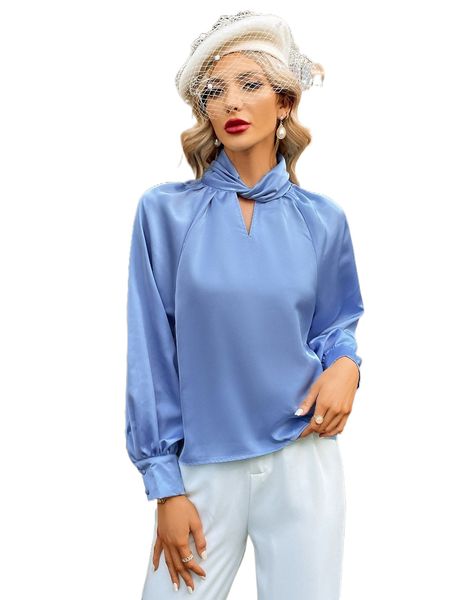 

twist front keyhole neckline bishop sleeve blouse z094#, White