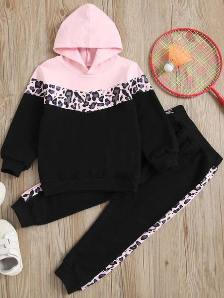 

little girl's color blocked leopard block hoodie and panty set she, White
