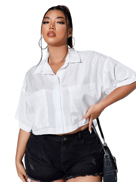 

plus patched pocket drop shoulder crop shirt i9qn#, Black