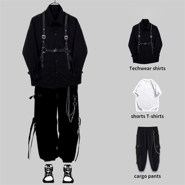 

houzhou techwear sets punk black cargo pants mens shirt kit long sleeve shirts korean streetwear hip hop harajuku spring 220810, Gray