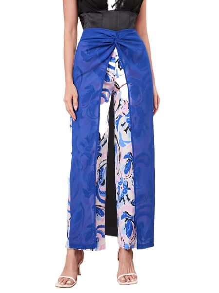 

allover print high waist twist front pants j1ed#, Black;white