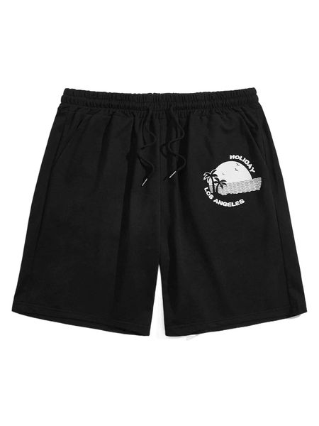 

romwe guys tree letter graphic drawstring shorts 44gp#, White;black