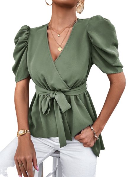 

puff sleeve peplum belted blouse y0w6#, White