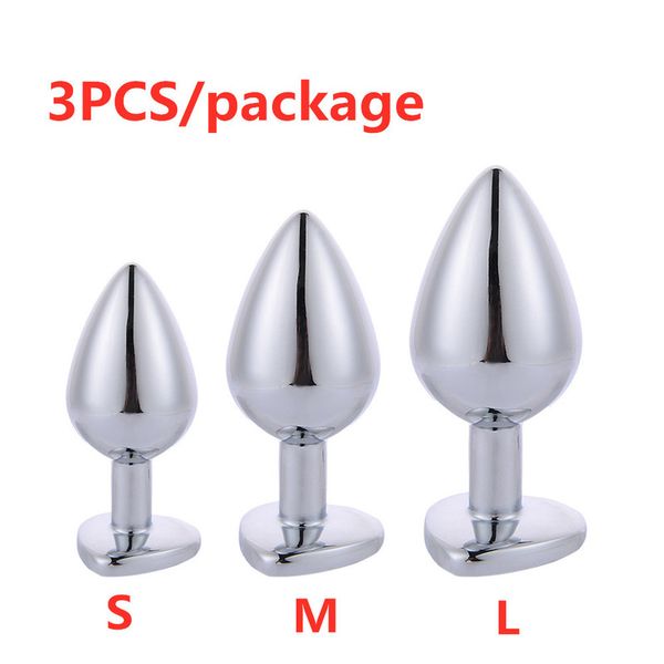 3pcs / package Metal Butt Plug cuore anale perline stimolatore in acciaio inox in acciaio inox monili di cristallo liscio tocco anale adulto maschio giocattoli del sesso 220413