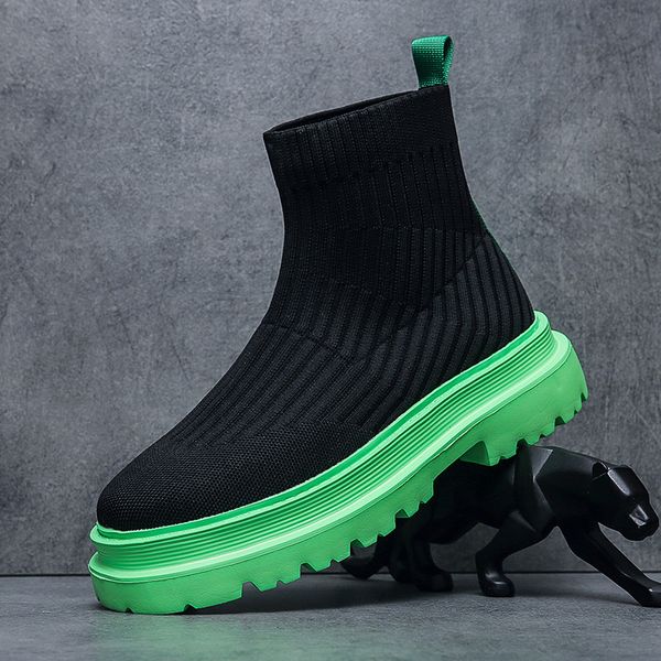 

breathable sock boots for men fashion men's mesh sneakers high mens green shoes, Black