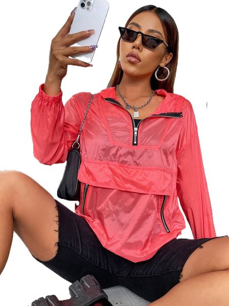 

zip detail solid anorak jacket e71s#, Black;brown