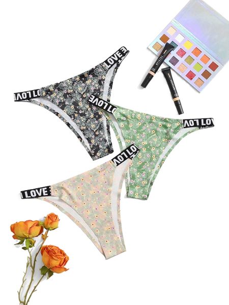 

plus 3pack ditsy floral letter tape panty u8ax#, Black;white