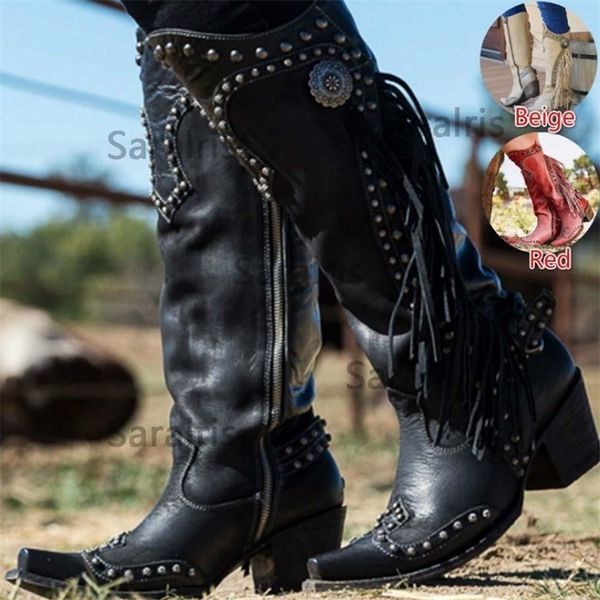 

fashion autumn ethnic vintage tassled knight boots woman shoes riveting nail zip ladies female 220815, Black