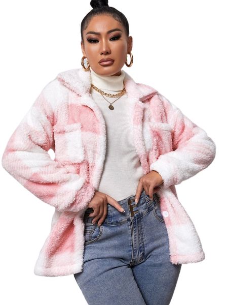 

sxy buffalo plaid print pocket patched fleece coat l1pz#, Black