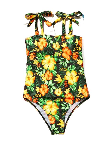 

random tropical print tie shoulder one piece swimsuit b5sc#, White;black
