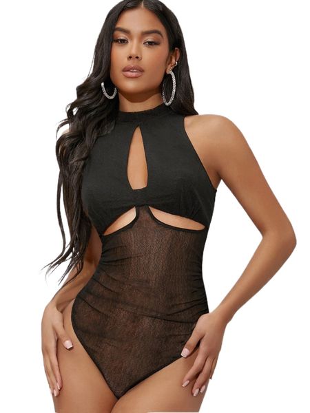 

keyhole neck cutout sheer bodysuit b2ql#, White