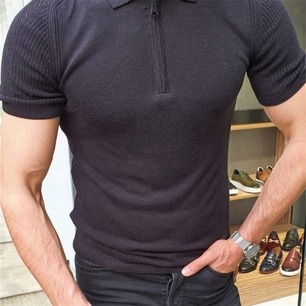 

men's knitted polo shirt spring and summer slim contrast color sweater casual striped short-sleeved shirt 220421, White;black