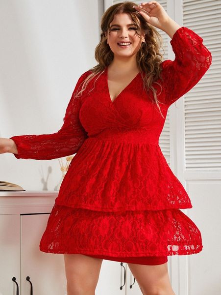 

sbetro plus lantern sleeve two layer hem lace dress 905o#, Black