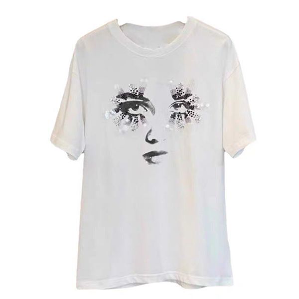 

2022ss women handmade diamond tee embroidery eye graphic short sleeve t shirt luxury shirts design, White