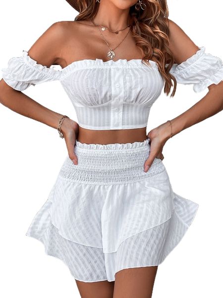 

off the shoulder shirred crop & layered skirt m92m#, White