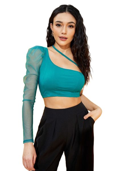 

x kay contrast mesh asymmetrical neck crop n0p8#, White