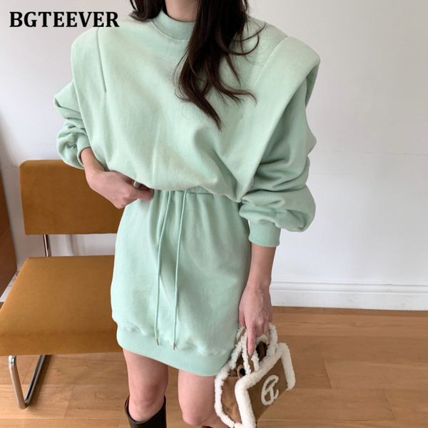 

bgteever casual loose sweatshirt mini dress for women o-neck long sleeve drawstring slim waist female dress 2022 spring vestidos, Black;gray