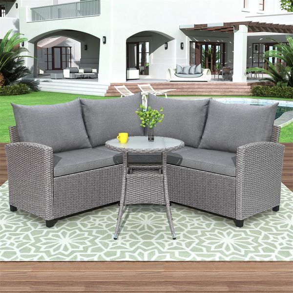 

4 piece resin wicker patio furniture set with round table gray cushions living room furniture