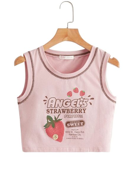 

plus strawberry & letter graphic contrast stitch crop tank g1c5#, Black