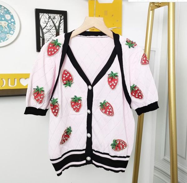 

501 2022 summer brand same style sweater v neck short sleeve pullover white beads fashion womens clothes ruibing, White;black