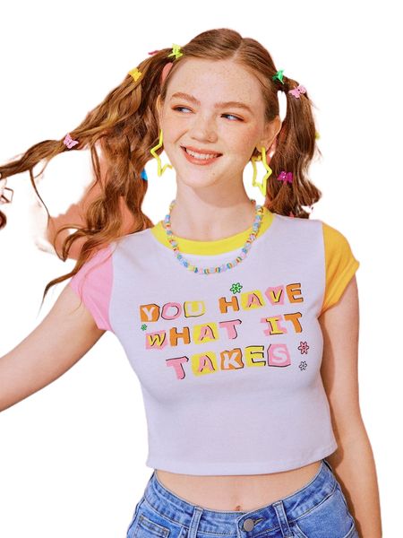 

romwe y2k revival slogan colorblock tee q2jm#, White