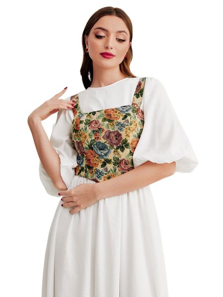 

floral print wide strap & puff sleeve dress b44z#, White