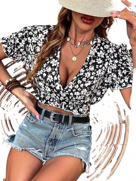 

allover floral print puff sleeve peplum crop blouse v8nj#, White