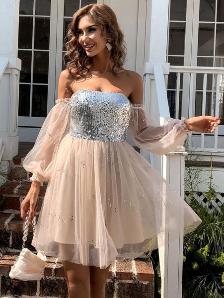 

missord off shoulder lantern sleeve sequin mesh prom dress 292g#, Black;gray