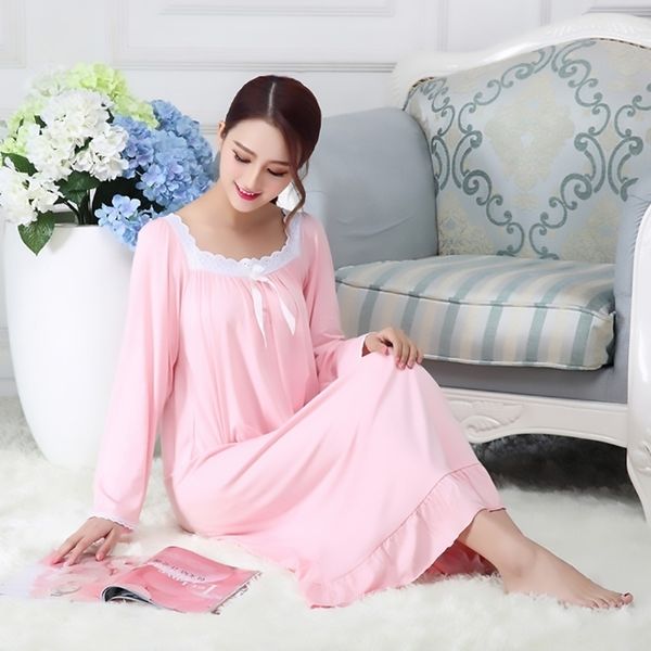

spring autumn cotton modal nightdress nightgown for women long sleeve loose white princess home wear sleepwear sleepdress y200425, Black;red