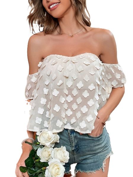 

floral appliques off shoulder blouse s8yn#, White