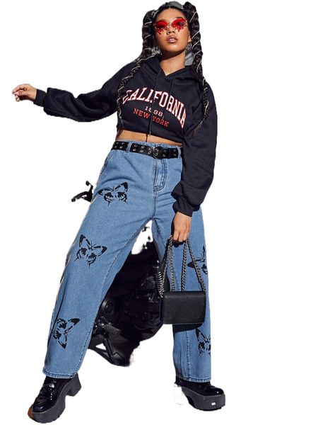

plus butterfly print straight leg jeans without belt h06h#, Blue