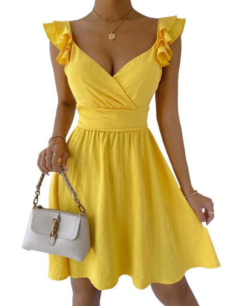 

casual dresses ruffle trim surplice neck tie back dress o1pc#, Black;gray