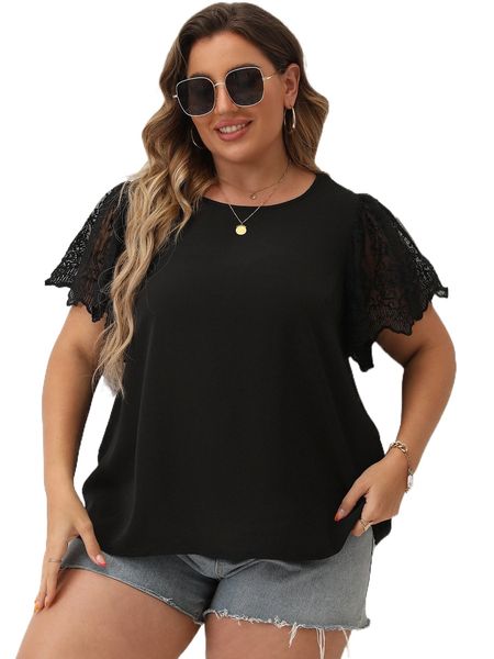 

plus contrast lace flutter sleeve blouse v52j#, Black