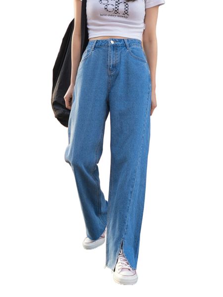

dazy solid split hem boyfriend jeans 53bj#, Blue