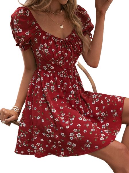 

floral print puff sleeve knot front ruched bust dress d6g0#, Black;gray