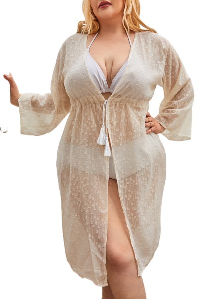 

plus textured tassel tie kimono 52ko#, Black;gray
