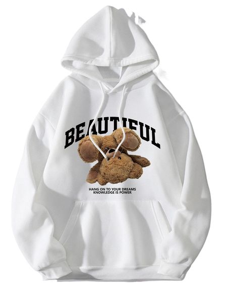 

bear & slogan graphic kangaroo pocket drawstring thermal hoodie y4mj#, Black
