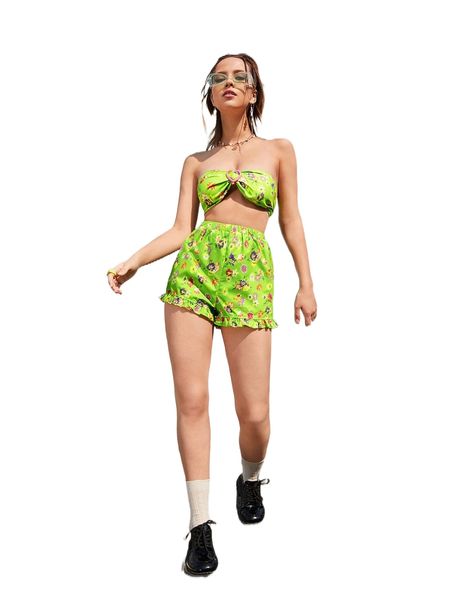 

floral print ruffle hem shorts s8ai#, White;black