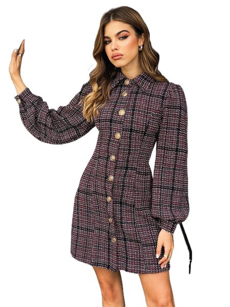 

plaid button front bishop sleeve tweed dress e8f0#, Black;gray