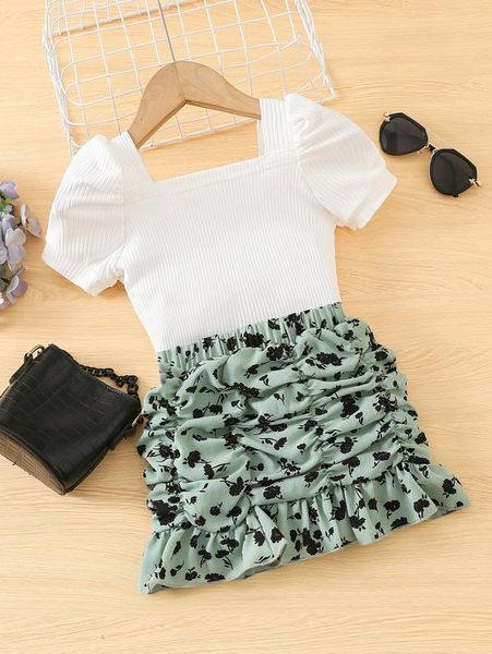 

toddler girls puff sleeve tee with floral ruched ruffle hem skirt she01, White