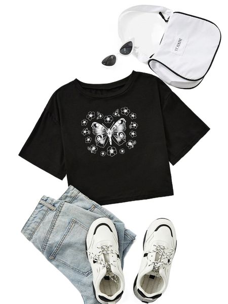 

butterfly and floral print crop tee 97eh#, White