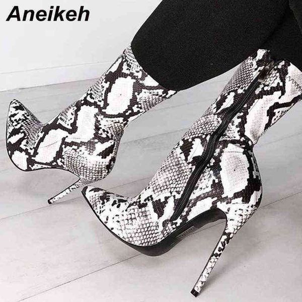 

aneikeh spring fashion new pu python pattern mid calf women's boots 11cm thin heels pointed toe zip party pumps 220421, Black