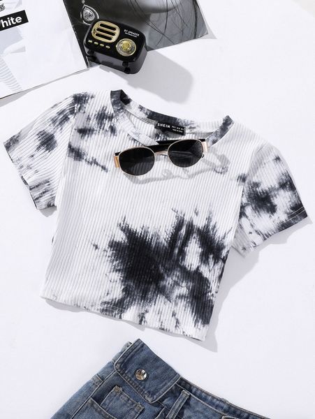 

tie dye rib-knit crop tee 84j6#, White